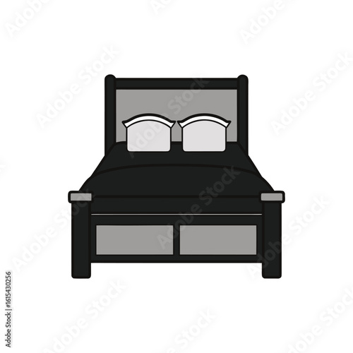Modern black and gray bed with pillows isolated on white background