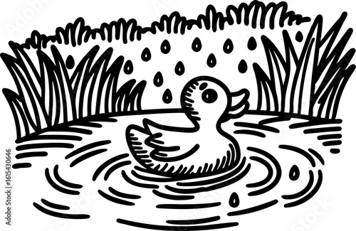 Duck floating on pond surrounded by grass hand drawn black and white illustration, waterfowl nature scene