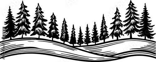 pine trees silhouette illustration forest landscape with evergreen conifers and wavy ground, woodcut drawing