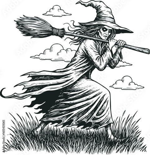 A menacing witch in a tattered robe and pointy hat strides through a grassy field carrying a broomstick.