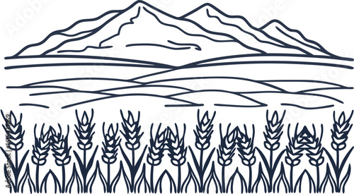 wheat field with mountain landscape rural farmland scene, harvest agriculture, natural countryside illustration