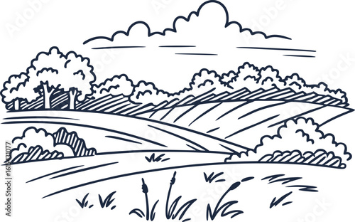 Rolling countryside landscape with trees, hills, and grass hand drawn scenic nature illustration, summer view