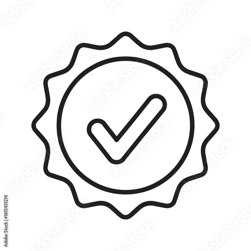 Line icon of a certified approval seal with a checkmark representing quality guarantee verified standard and successful product validation vector stroke