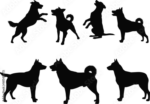 Dog silhouette collection, standing and jumping dogs, sitting dog pose, black vector animal shapes, domestic pet illustration, canine behavior art, dog figure graphic design
