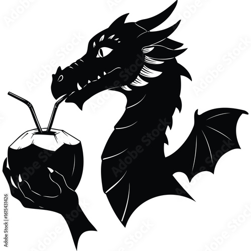 Black Dragon Silhouette Enjoying Tropical Coconut Drink