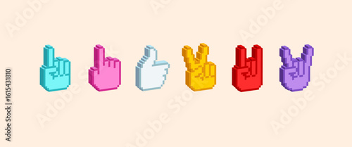 3D Pixel Art Hand Gesture Icons: Colorful Thumbs Up, Peace Signs, Rock and Pointing Gestures. Vibrant colors gestures like, thumbs up, peace sign, and pointing fingers. 3D-style pixel vector icons