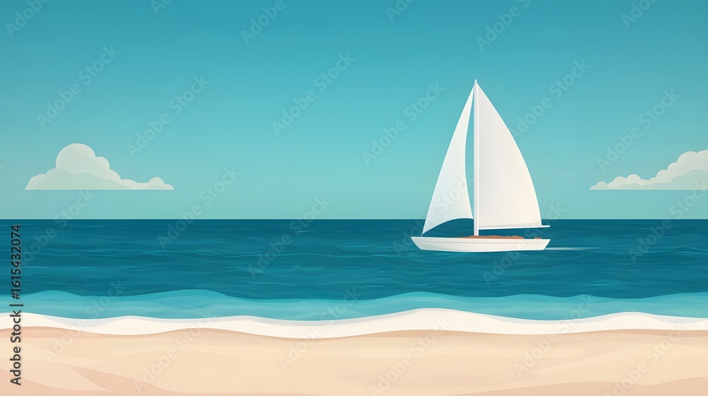 Obraz premium Minimalist illustration of a sailboat gliding on calm blue sea near a sandy beach under a clear sky.