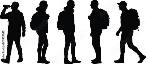 Hiking people silhouettes, walking travelers, backpackers group, outdoor trek, adventu