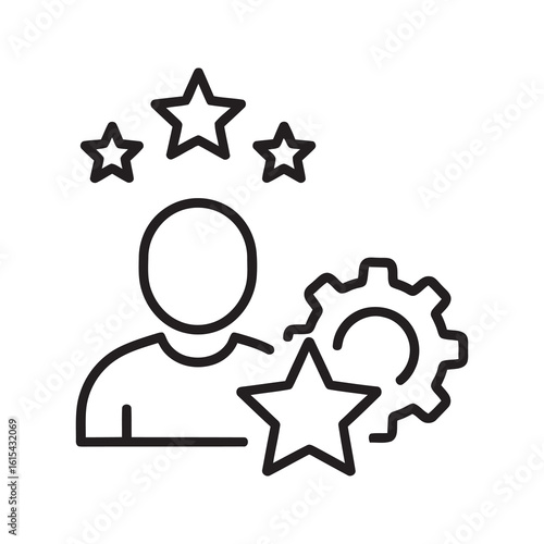 Line icon of a person with a gear and stars representing professional skill development employee performance review and expert talent management vector stroke