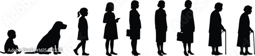 Human and dog life progression silhouette, aging stages vector, baby to elderly, puppy to adult dog, growth concept illustration, black silhouette evolution graphic
