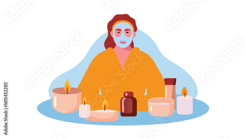 Woman with facial mask relaxing with candles and beauty products in a spa like environment at home