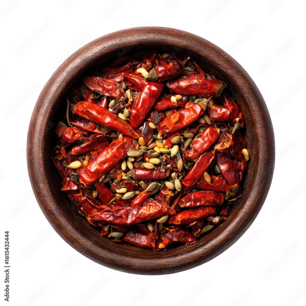 A rustic wooden bowl filled with dried red chili peppers and spices isolated on transparent background A rustic wooden bowl filled with dried red chili peppers and spices isolated on transparent background