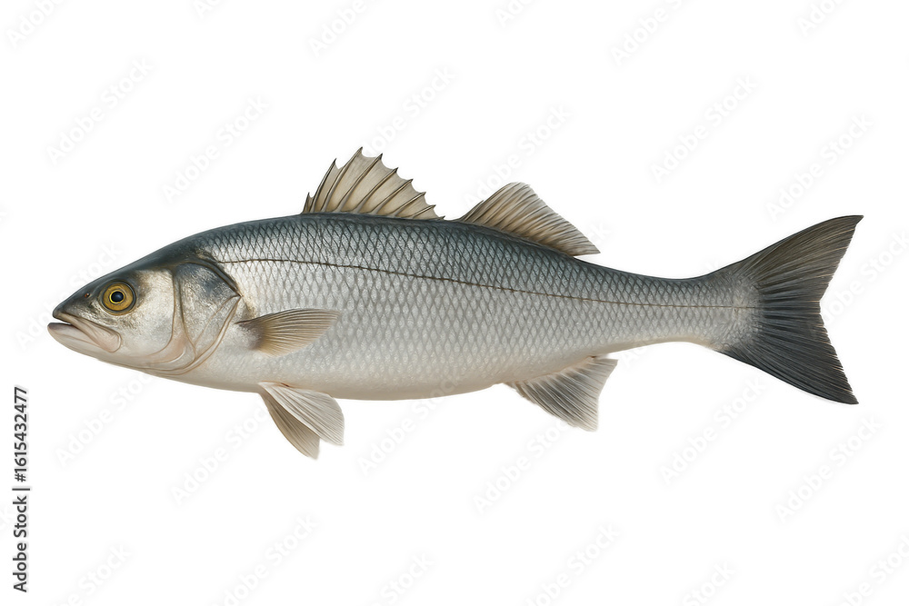 Fototapeta premium Fresh European sea bass isolated on white background, silver saltwater fish with streamlined body for seafood, fishing, culinary, and marine wildlife concepts