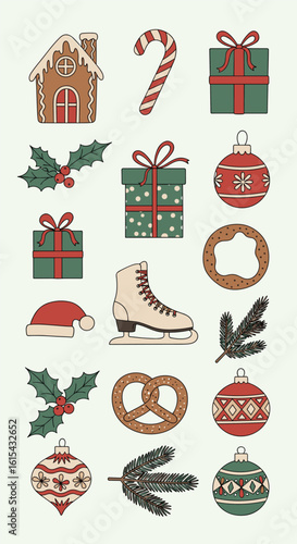 A collection of festive holiday season icons featuring winter treats and decorations