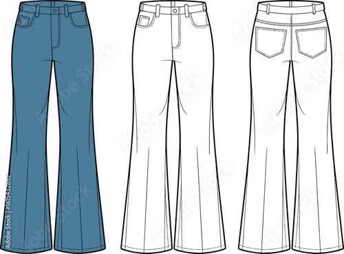 Women’s wide flared jeans, CAD flat fashion sketch, denim pants front and back view, vector template, technical drawing