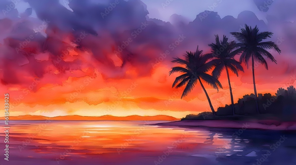 Vibrant watercolor sunset with palm trees reflecting over calm tropical waters and dramatic clouds. Vibrant watercolor sunset with palm trees reflecting over calm tropical waters and dramatic clouds.