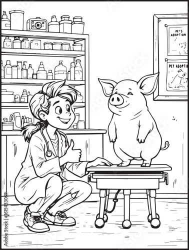 Animal-themed coloring page for kids and adults: Animal at the vet clinic: Vet checking a pig