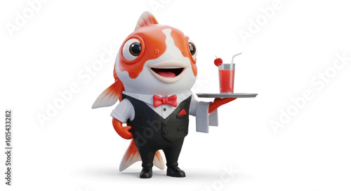 A cartoon fish waiter in a tuxedo, holding a tray with a drink.