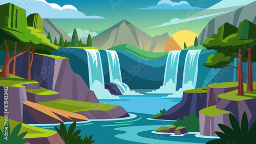 Vector art of a majestic waterfall cascades down rocky cliffs into a serene blue river, surrounded by lush green trees and distant mountains under a vibrant sky