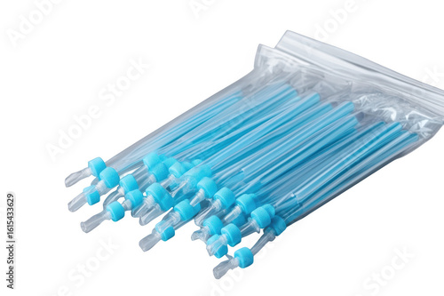 Disposable air water syringe tips for dental procedures in transparent bag on transparent background