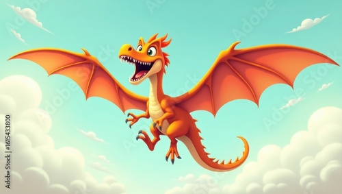 A cheerful dragon takes flight in a vibrant sky.