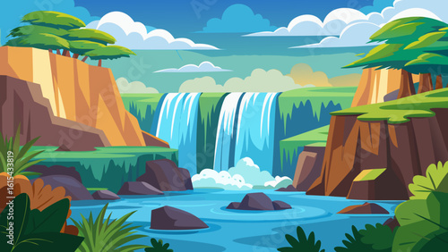 Vector art of a wide panorama showcases a powerful waterfall flowing over a broad cliff into a wide river, surrounded by verdant green landscapes