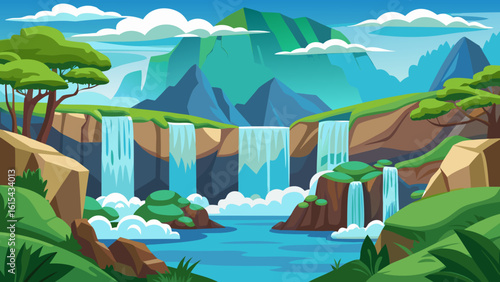 Vector art of multiple waterfalls gracefully descend rocky ledges into a tranquil river, set against a backdrop of verdant hills and majestic mountains with scattered clouds