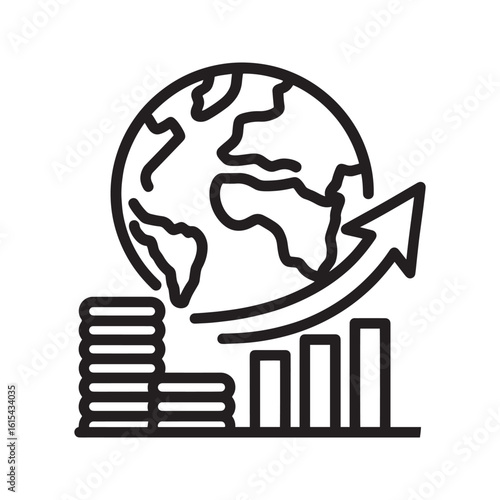 Global economy line icon. Vector illustration of a world globe with stacked coins and a rising bar chart, symbolizing international finance and market growth.
