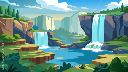 Vector art of a beautiful waterfall plunges from a rocky outcrop into a clear river, framed by vibrant green foliage and distant, hazy mountains under a bright sky
