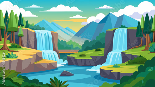 Vector art of a majestic waterfall cascades down rocky cliffs into a flowing river, surrounded by lush green trees and distant mountains under a cloudy sky