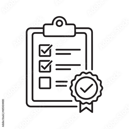 Line icon of an approved checklist on a clipboard with a seal representing a completed task list verified report and successful quality inspection vector stroke
