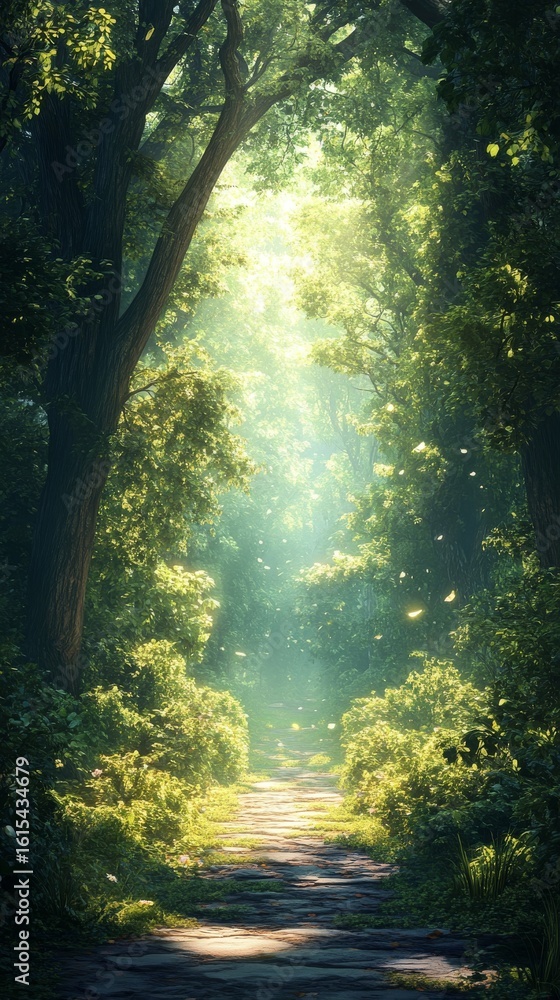 Obraz premium Walking on Stone Path Through Sunlit Green Forest
