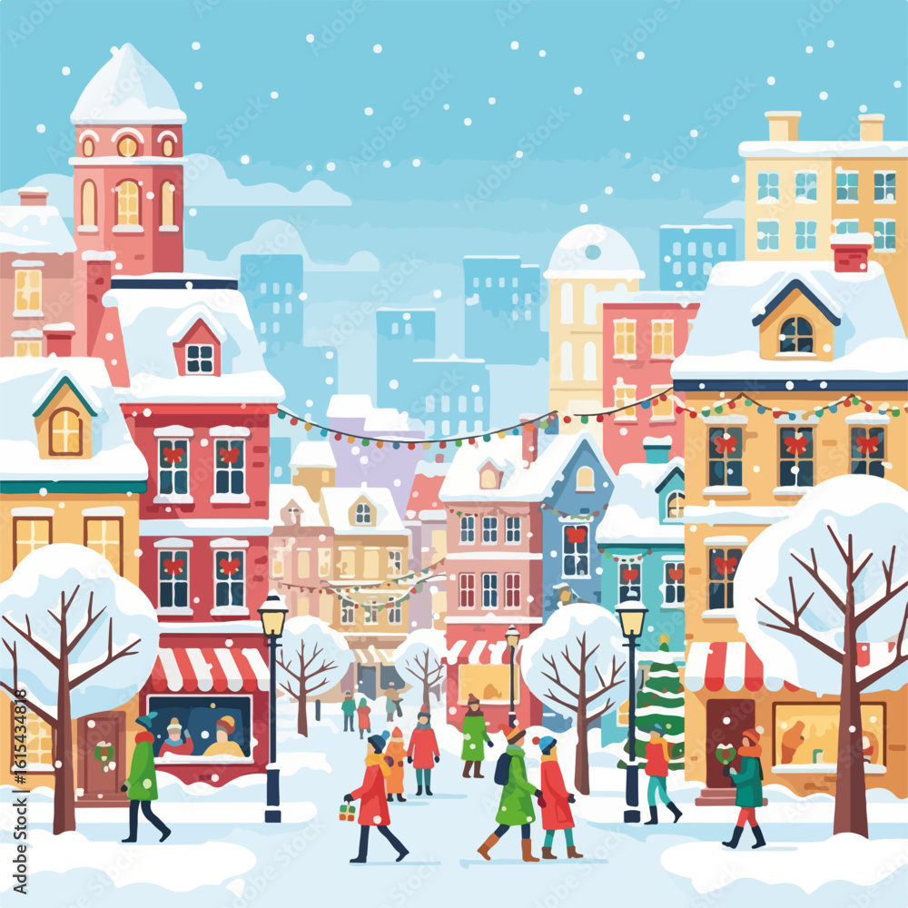 Fototapeta premium Winter town scene with snow covering buildings and walking people. Snowy winter town with illuminated windows during the Winter season, and lights strung across the road.