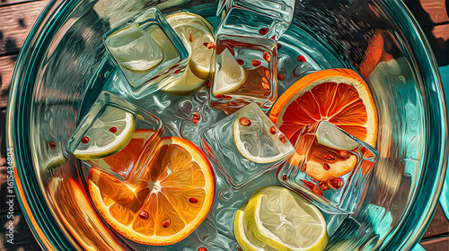 Ice cubes and citrus slices floating in a clear glass bowl