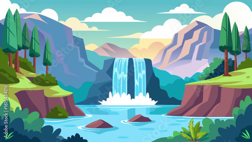 Vector art of a powerful waterfall plunges into a tranquil river at the heart of a majestic mountain range, surrounded by verdant cliffs and a serene sky