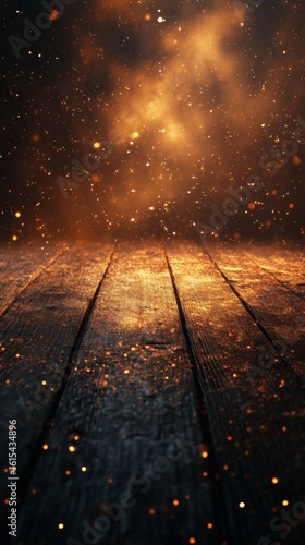 Glowing Sparkles Above Dark Wooden Floor with Atmospheric Lighting