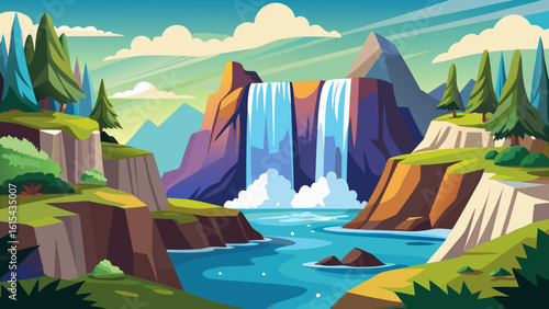 Vector art of a powerful waterfall plunges into a clear river, framed by dramatic cliffs and vibrant green hills under a vast sky with scattered clouds