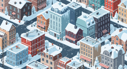 Isometric city in winter showcasing snow-covered buildings and streets in a charming urban landscape. Isometric city layout presents rooftops dusted with snow, capturing wintry atmosphere.