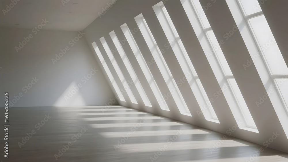 Fototapeta premium Sunlight Streaming Through Angled Windows in an Empty Room