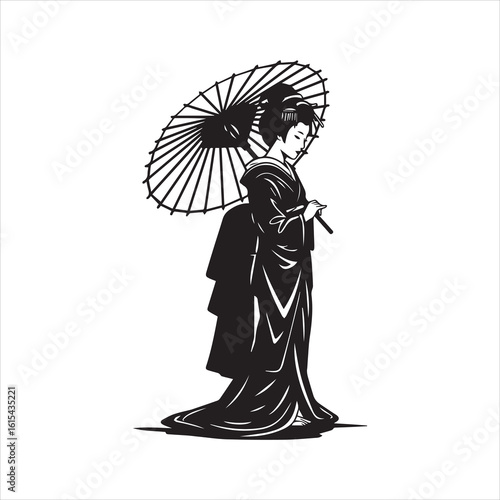 Elegant Geisha in Kimono with Traditional Parasol.