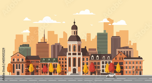 Flat cityscape illustration showing several buildings, skyline, and road. This flat cityscape highlights architectural diversity and urban design, representing a city,