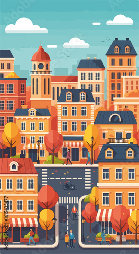 Cartoon cityscape illustration with colorful buildings, autumnal trees, and cloudy sky, creating a vibrant scene. This cityscape design captures essence of urban living.