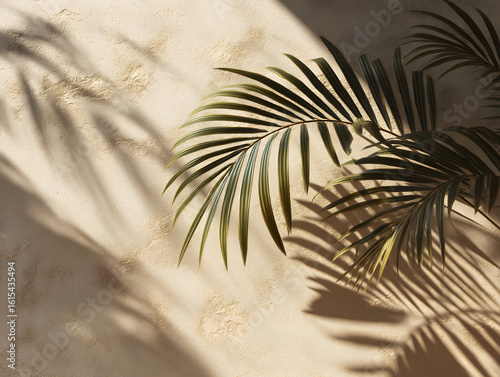 Tropical leaves casting shadows on a beige wall