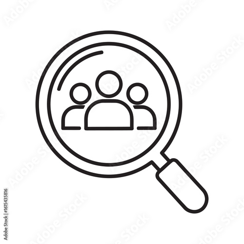 Line icon of a magnifying glass over a group of people representing human resource search talent acquisition and customer demographic research vector stroke