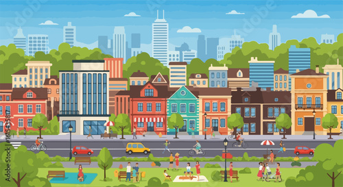 City landscape showing various building styles and vibrant greenery. City landscape captures diverse architecture alongside lush parks with walking paths, creating a vibrant community.