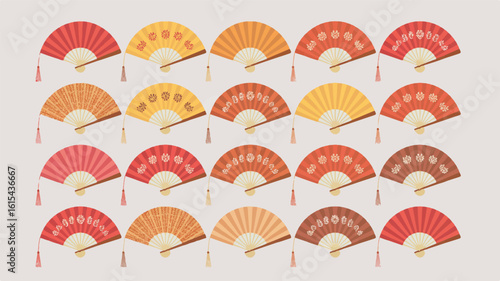 A collection of 15 decorative Chinese folding fans arranged in a 3x5 grid on a white background. 