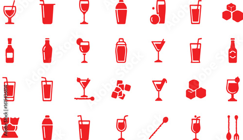 Red icons of drinks and bar tools on white background