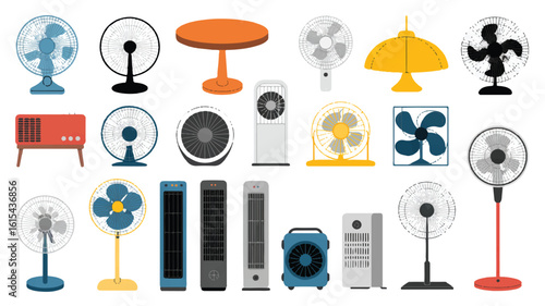 A flat design illustration of various electric fans arranged in a grid layout against a white background. 