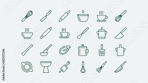 A set of 20 minimalist kitchen and cooking icons in a single line art style, arranged in a 5x4 grid 