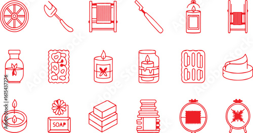Red Outline Icons of Craft and Sewing Supplies symbol